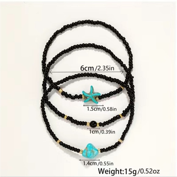 3 Piece “Under the Sea” Ankle Bracelet Set! Turquoise & Black Beads - Picture 4 of 5